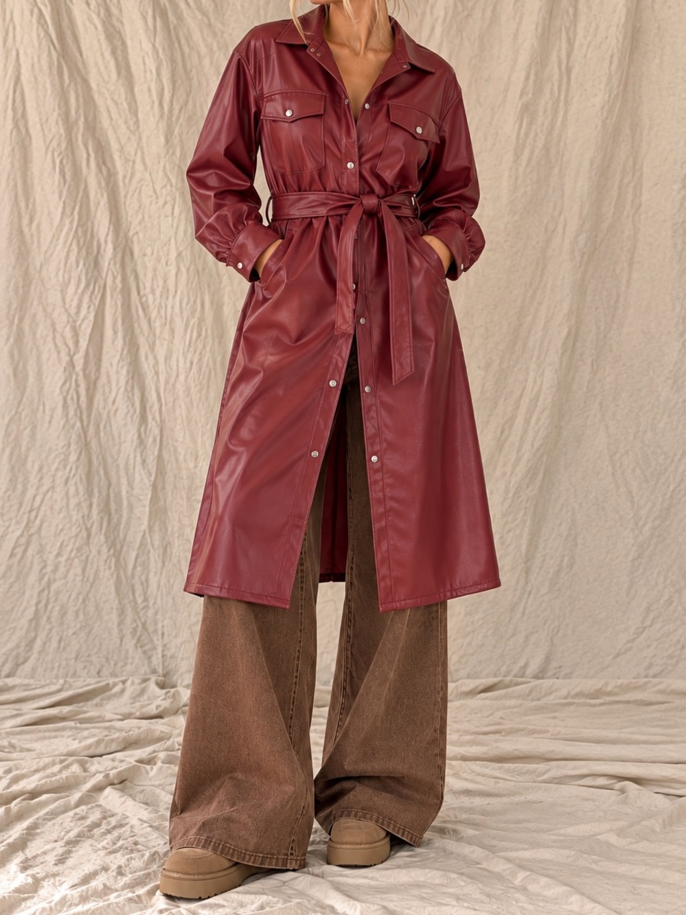 Eilly Bazar Red Faux Leather Belted Trench Coat Women’s 2XL